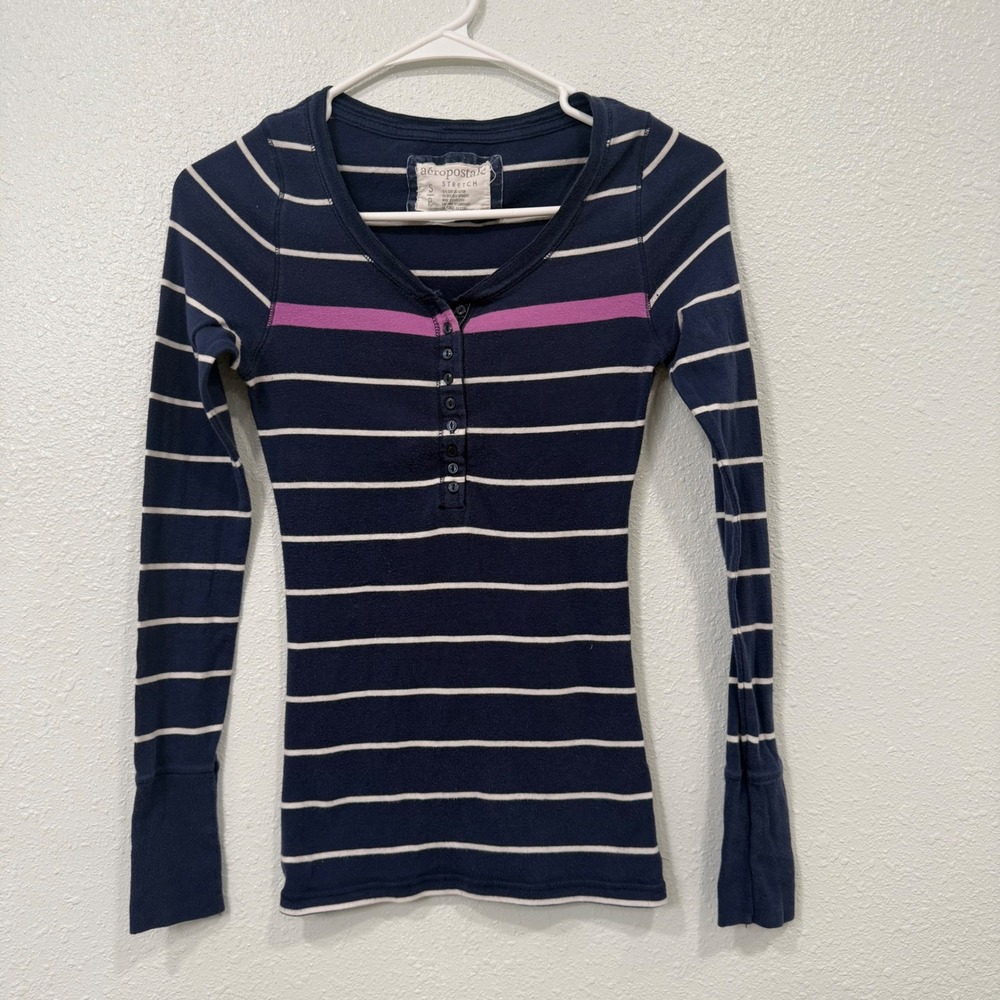Aeropostale Womens Navy Blue Striped Henley Long Sleeve Stretch Top Small
